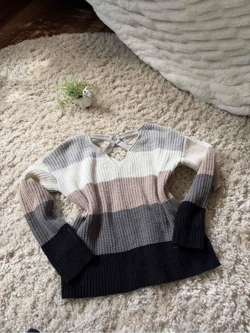 Love By Design Striped V-Neck Sweater in Cream, Taupe, Gray & Black